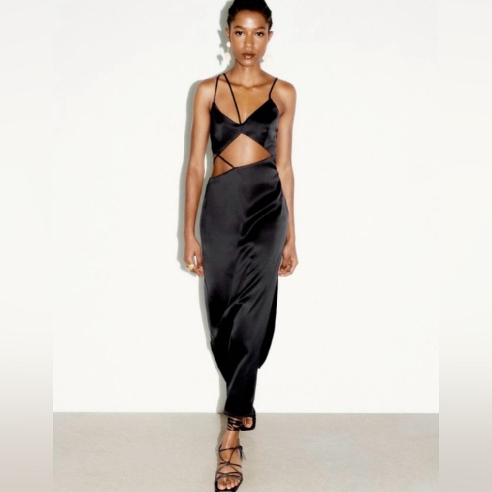Zara black satin cut out midi dress size XS
